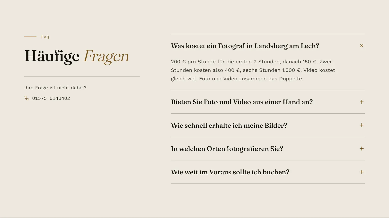 Häufige Fragen auf der neuen Startseite, die erste Antwort nennt die Preise