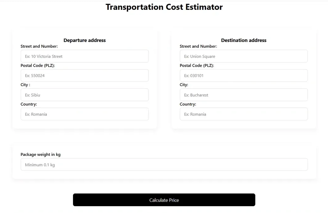 Preisrechner auf der Konzept-Website von Nirad Concept: Start- und Zieladresse, Paketgewicht und ein Knopf zum Berechnen
