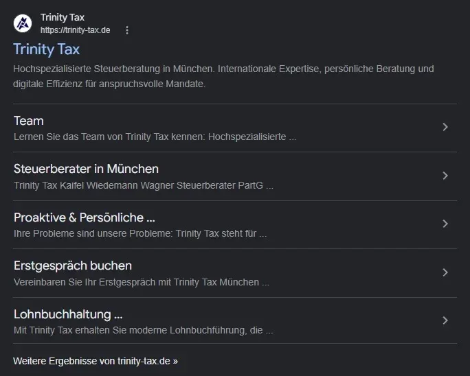 Google-Suchergebnis nach dem Relaunch: Titel Trinity Tax, eine Beschreibung der Steuerberatung in München und fünf Unterseiten wie Team und Erstgespräch buchen