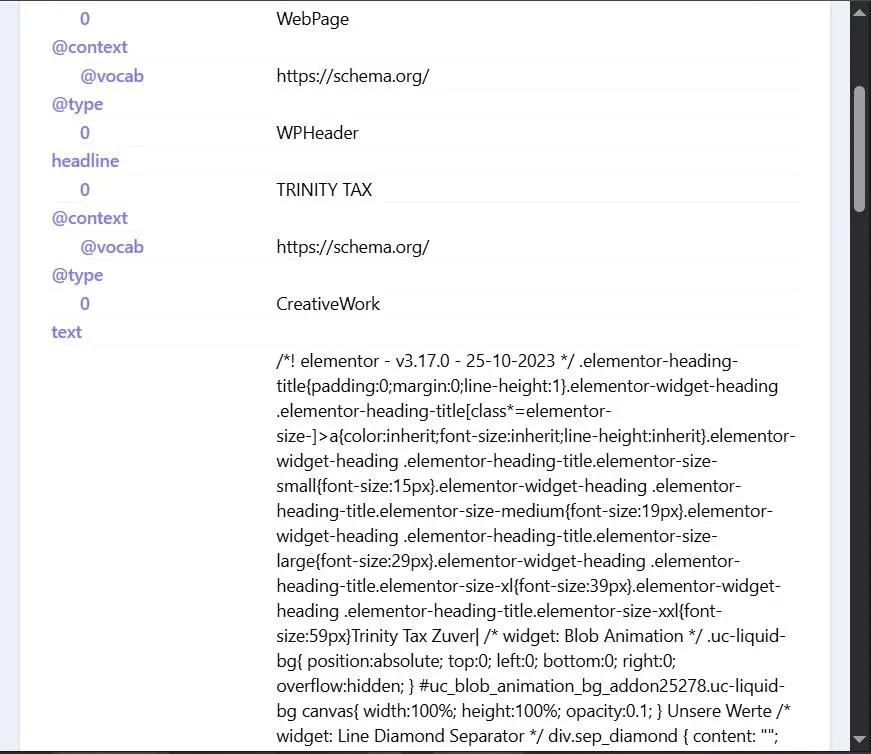 Strukturierte Daten der alten Website von Trinity Tax: Statt Firmendaten steht dort CSS-Code.
