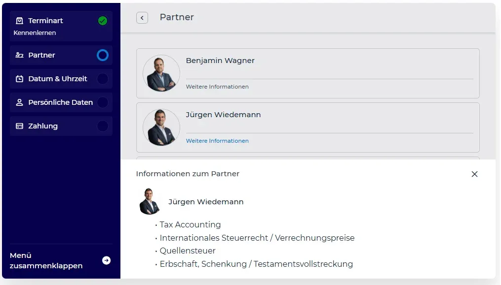 Online-Terminbuchung auf der Website von Trinity Tax: Schritte Terminart, Partner, Datum und Uhrzeit, persönliche Daten, Zahlung